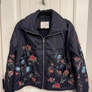 Anthropologie Blue and Floral Puffer Jacket with Elegant Floral Design